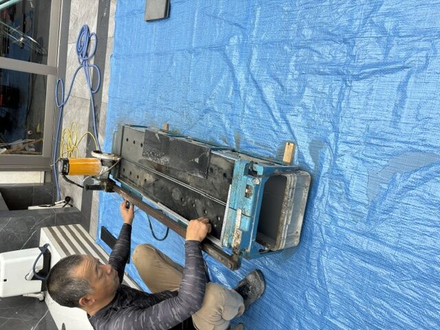 防水後の石張り準備