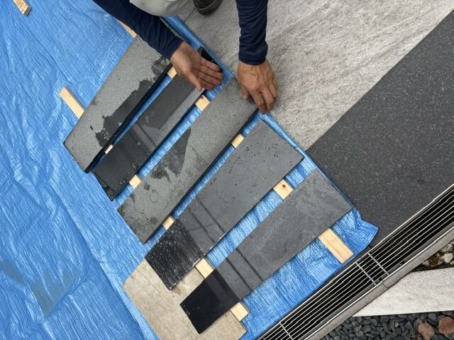 防水後の石張り準備